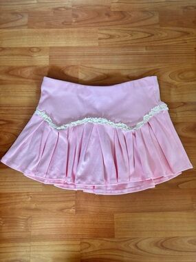 Light Pink Babydoll Coquette Pleated Mini Skirt with Lace Ruffle Trim